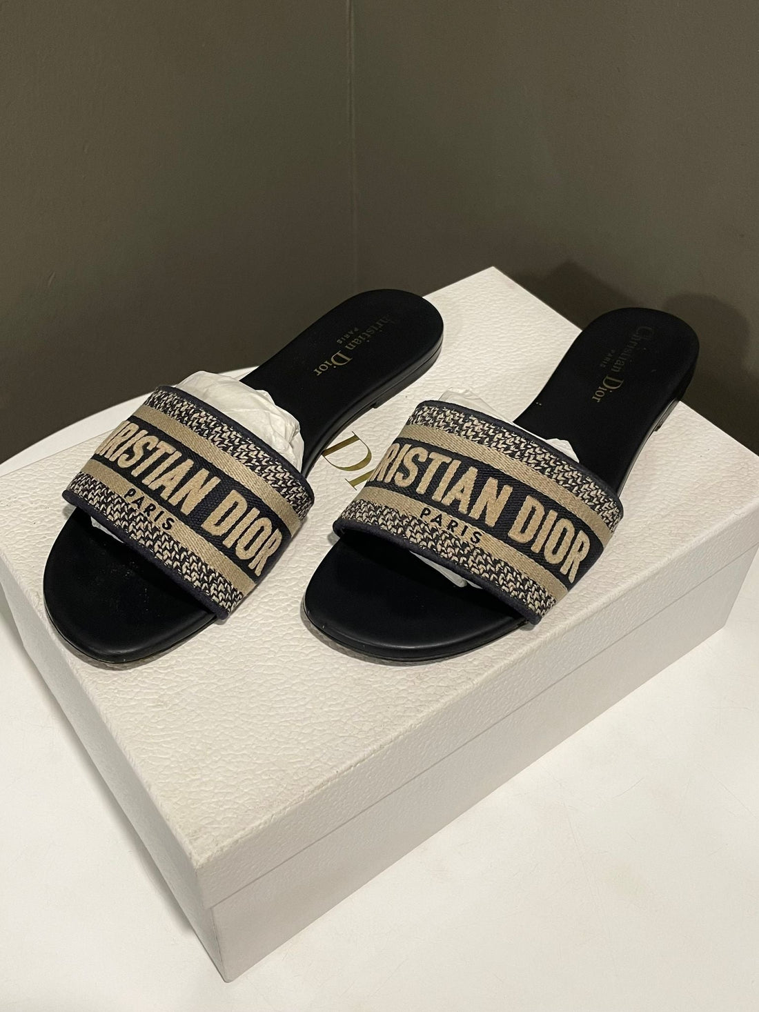 Christian Dior Dway Slide Sandal Deep Blue Embroidered Size 39