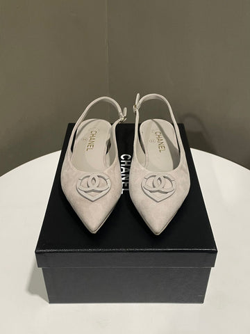 Chanel 25C Heart Cc Slingback Grey Suede