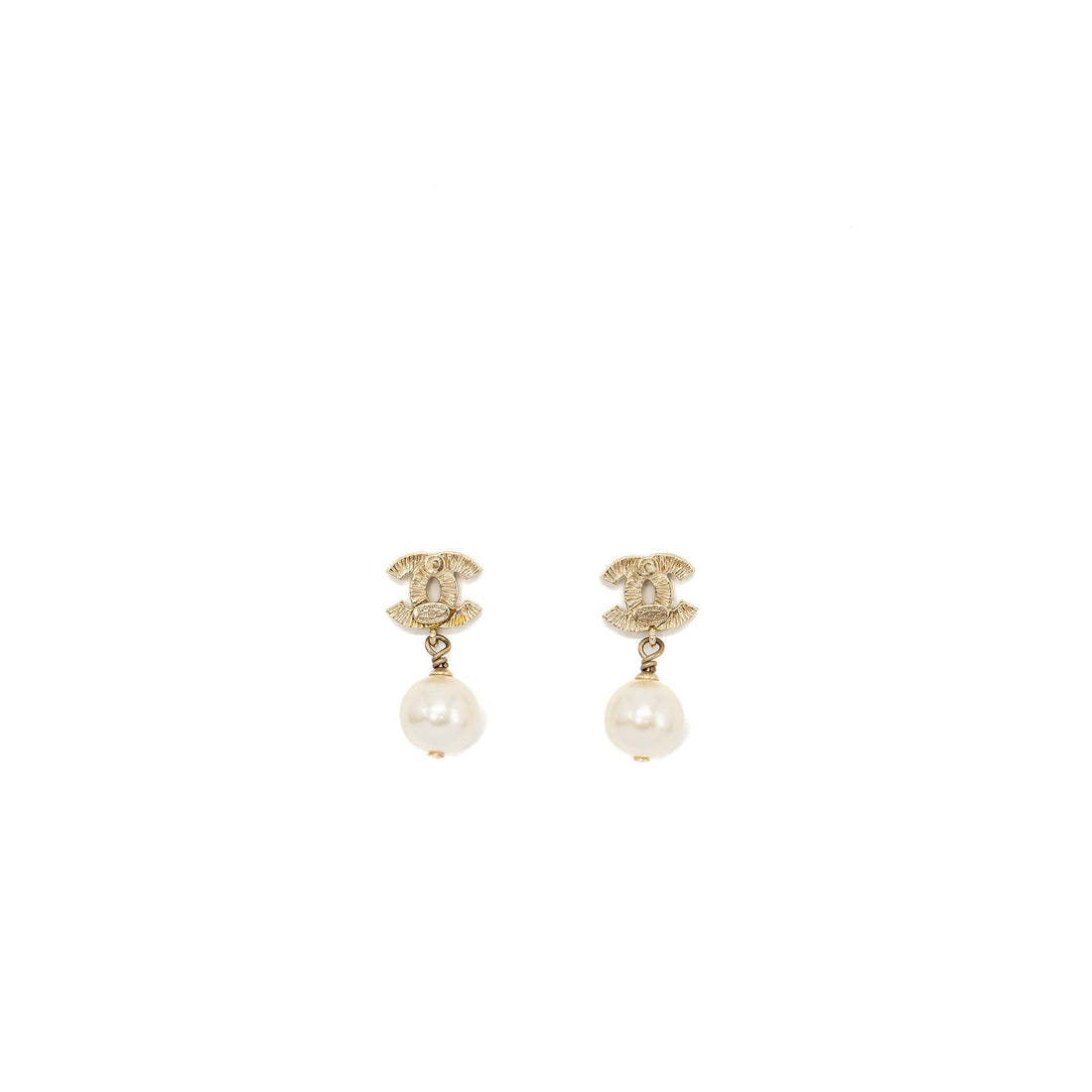 Chanel small model cc logo with pearl drop earrings light gold tone