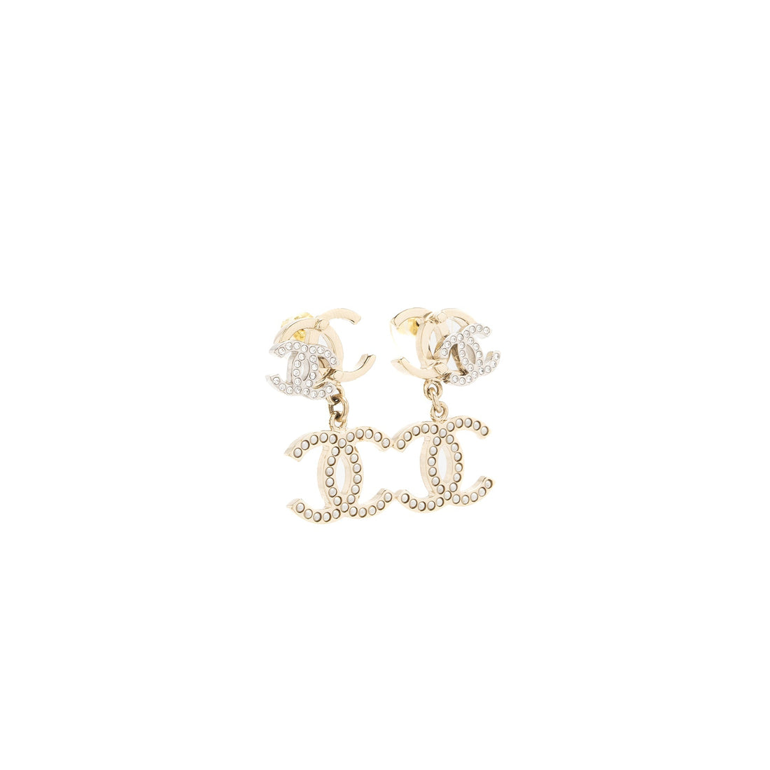 Chanel Double CC with CC Drop Earrings Crystal Light Gold Tone