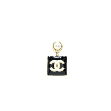 Chanel Pearl CC Square Drop Earrings Black Light Gold Tone