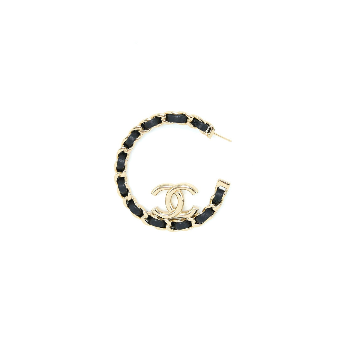 Chanel 22P Round CC With Black Leather Earrings Light Gold Tone