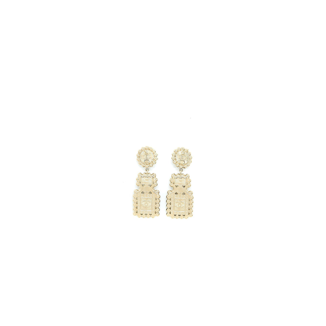 Chanel Perfume Bottle CC Logo Earrings Crystal/Pearl Black Light Gold Tone