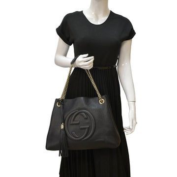 GUCCI Medium Soho Chain Pebbled Leather Tote Bag Black 536196