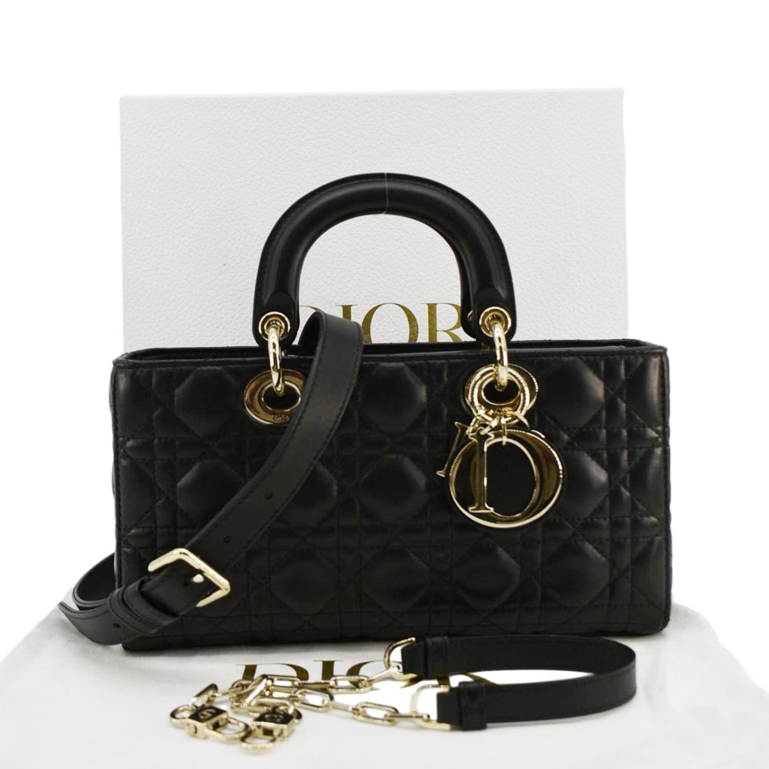 CHRISTIAN DIOR Lady D-Joy Medium Cannage Leather Shoulder Bag Black