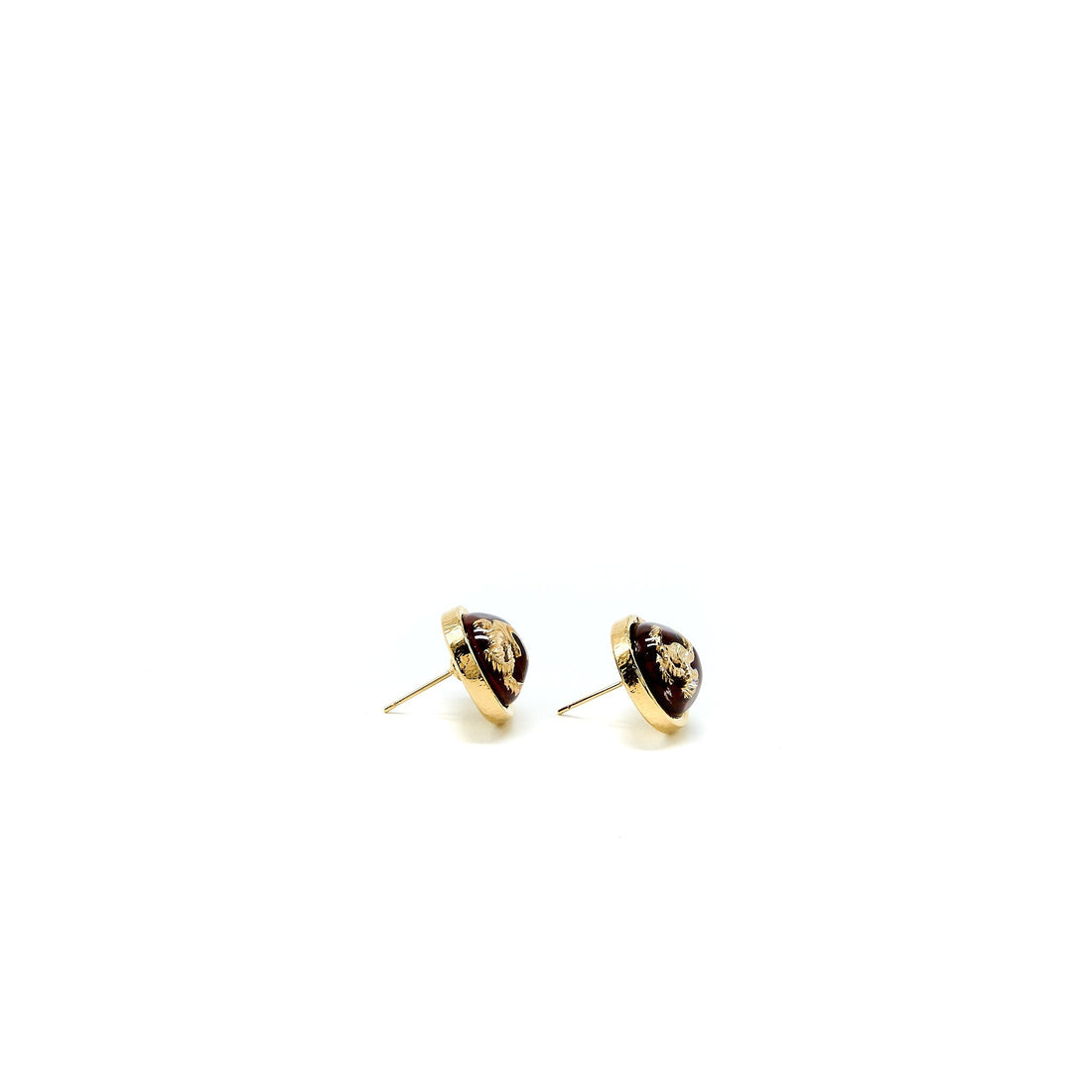 Chanel Round CC Logo Earring Red Gond Tone