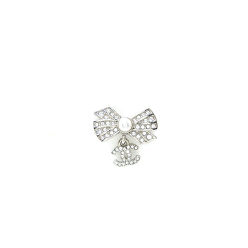 Chanel Ribbon with CC Drop Earrings Pearl/Crystal Silver Tone