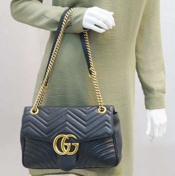 GUCCI Black Leather GG Marmont Matelasse Shoulder Bag