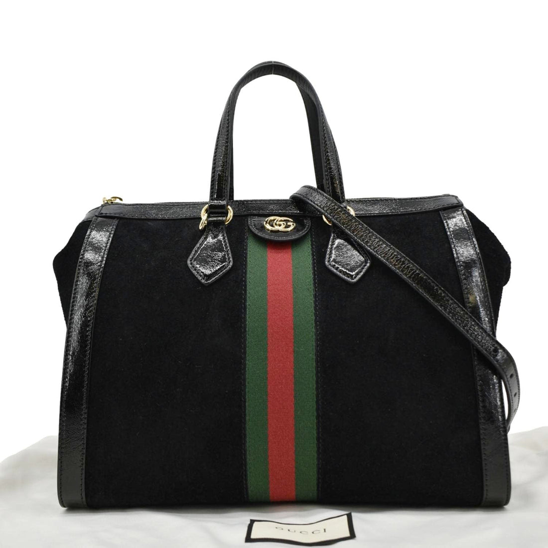 GUCCI Ophidia  Medium Web Suede Tote Bag Black 524537