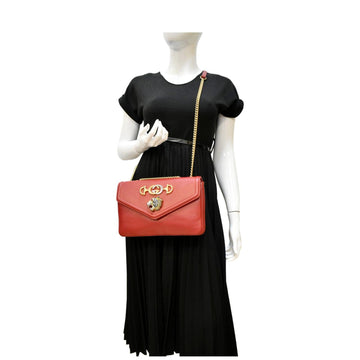 GUCCI Rajah Tiger Head Leather Chain Shoulder Bag Red 537241