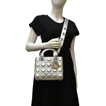 CHRISTIAN DIOR Lady Dior Lambskin Leather Shoulder Bag Metallic Silver