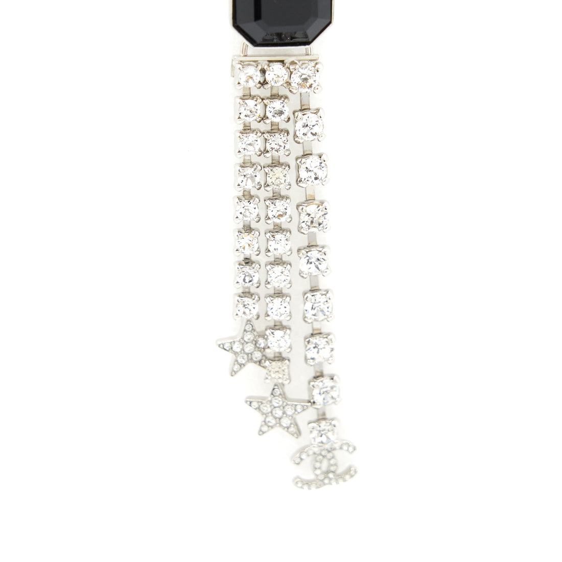 Chanel Square With Crystal And Star Dropping Earrings Silver Tone
