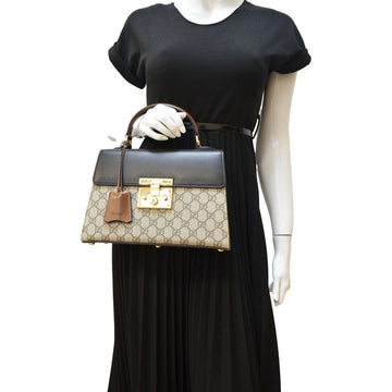 GUCCI Small Signature Padlock GG Supreme Monogram Top Handle Shoulder Bag Beige 453188