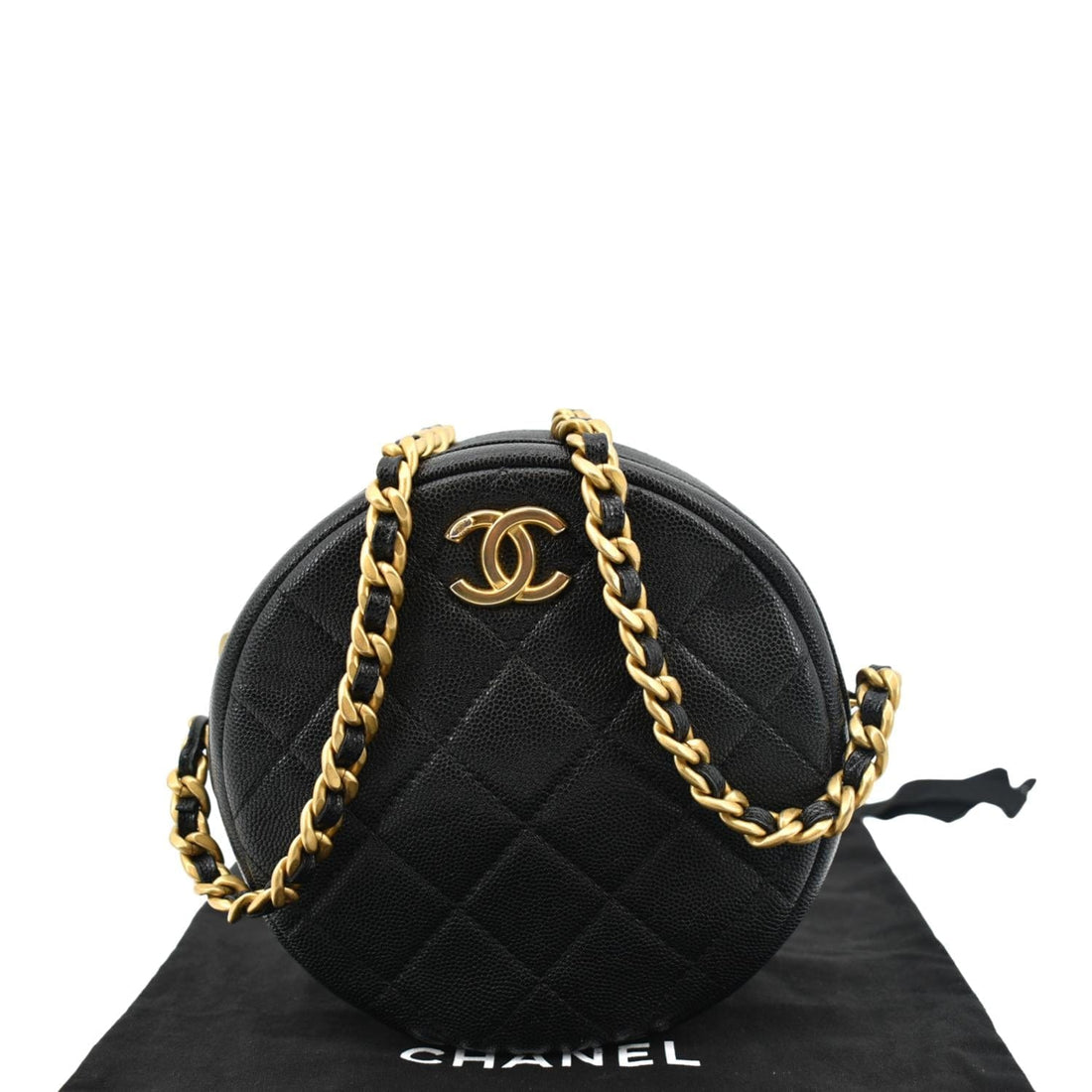 CHANEL Round Quilted Caviar Leather Clutch Crossbody Bag Black