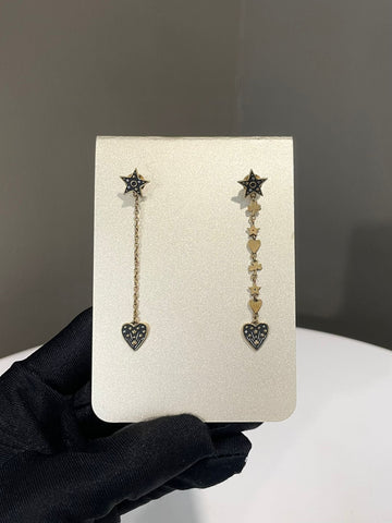 Dior Clair D Lune Dangling Earrings Heart and Star Charm Black Enamel