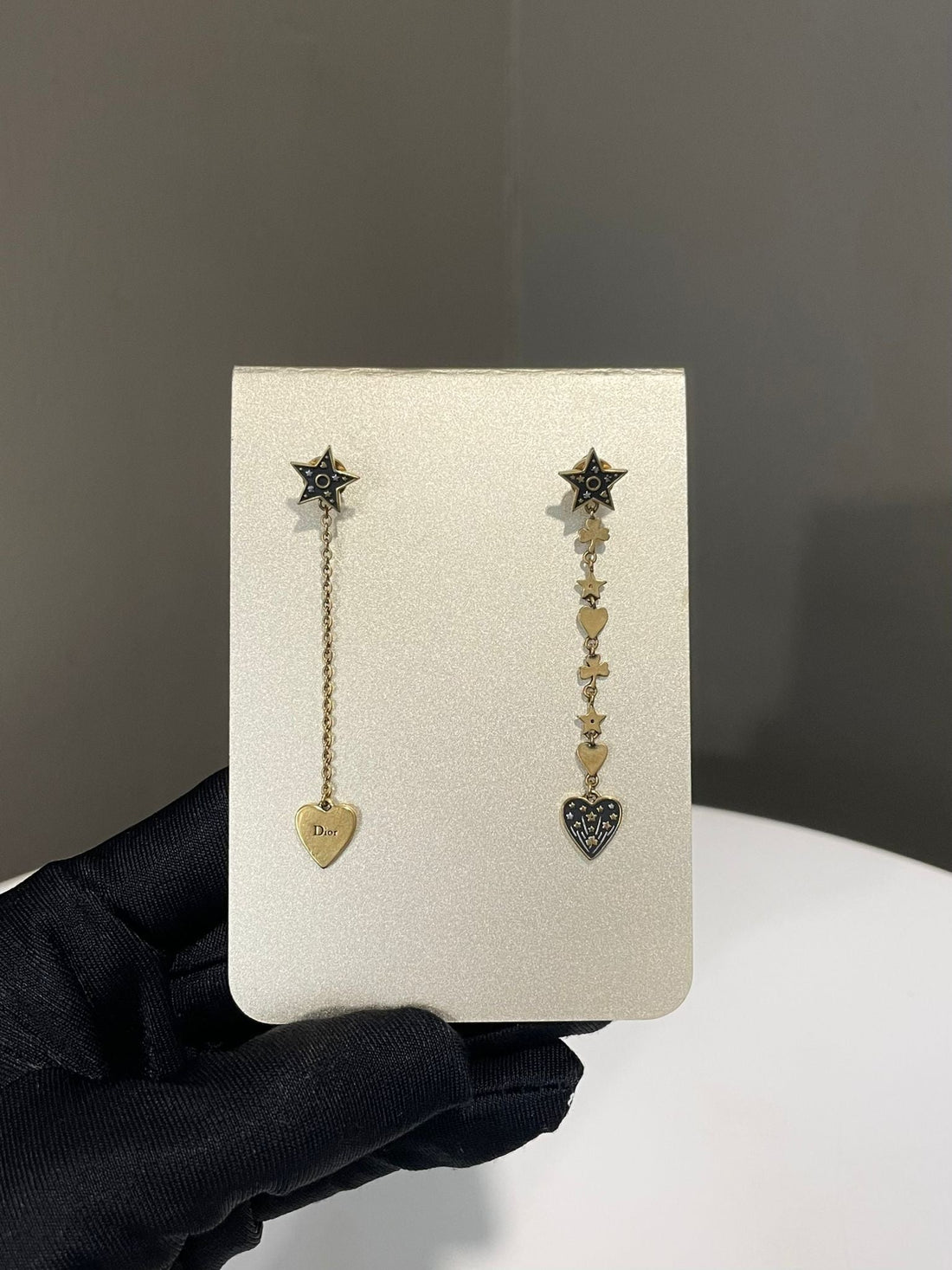 Dior Clair D Lune Dangling Earrings Heart and Star Charm Black Enamel