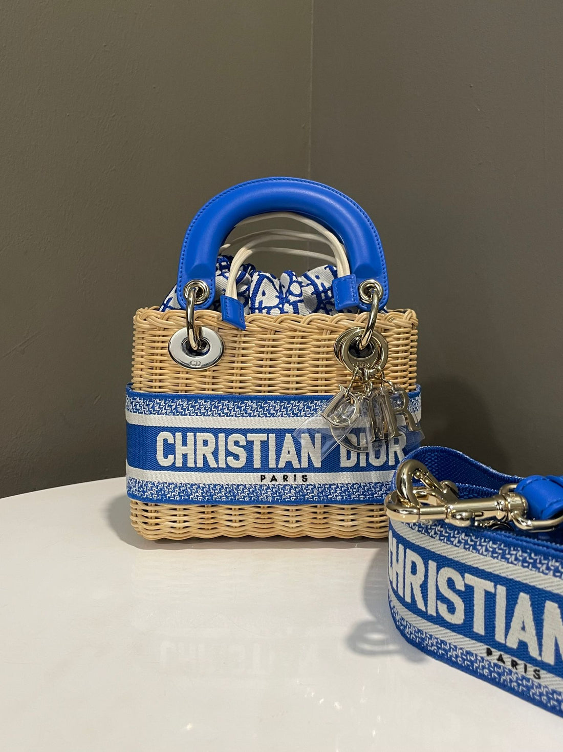 Dior Lady Dior Mini Wicker Bag  Natural Rattan / Cruise Blue