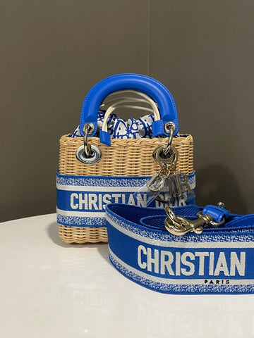 Dior Lady Dior Mini Wicker Bag  Natural Rattan / Cruise Blue