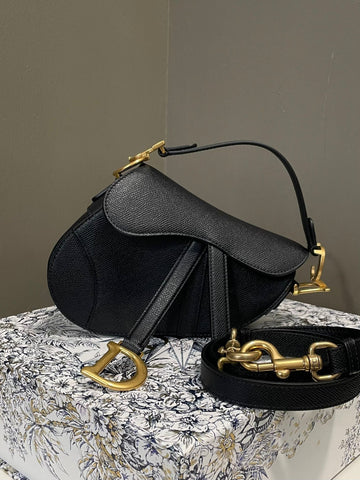 Dior Saddle Bag with Strap Black Grained Calfskin
