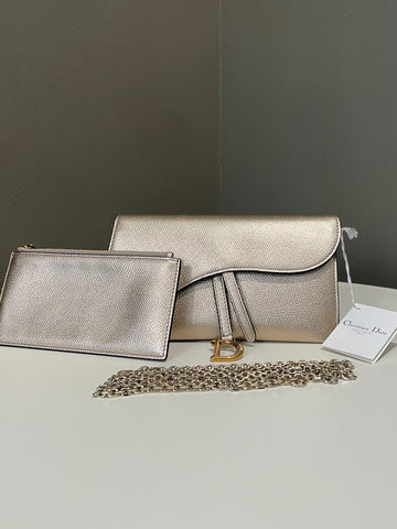 Dior Saddle Wallet on Chain Gold Champagne Grainy Leather