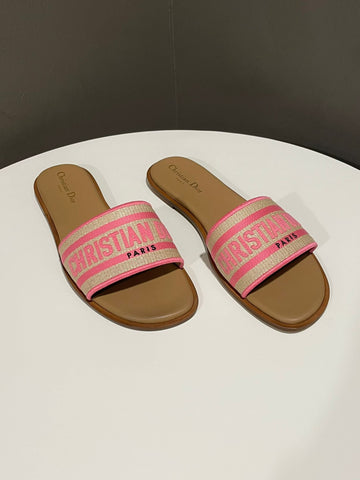 Dior Straw Embroidery Dway Slides Pink / Tan Size 41