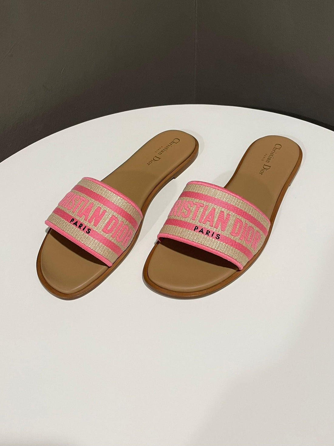 Dior Straw Embroidery Dway Slides Pink / Tan Size 41