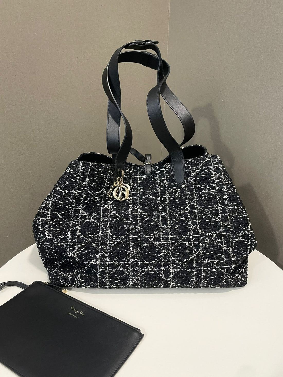 Dior Toujours Cannage Motif Tote Black / White Tweed