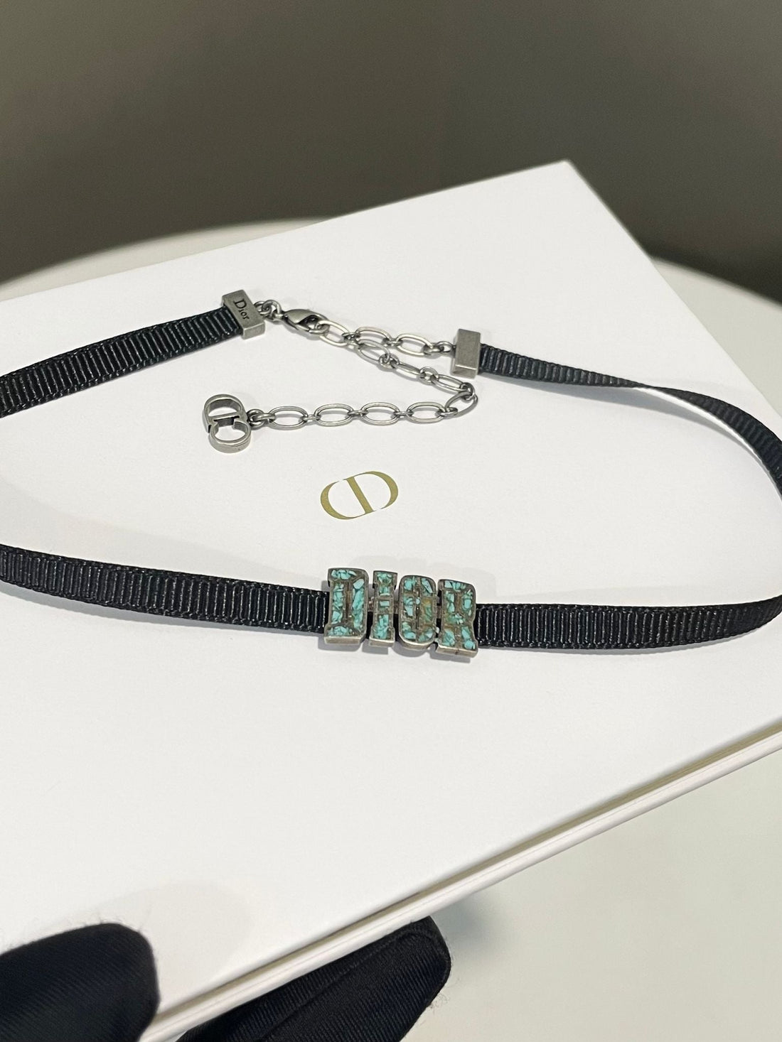 Dior with D.I.O.R. charms Choker Turquoise / Black Ribbon