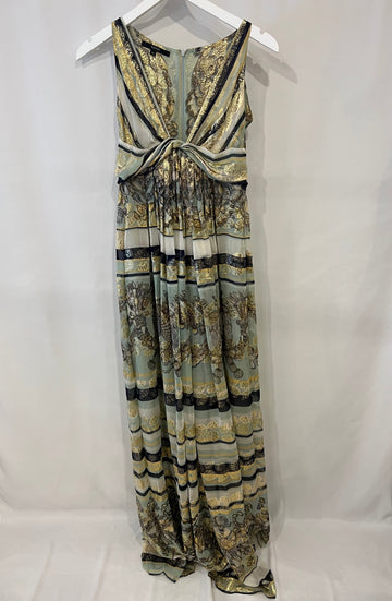 Gucci Pastel Green Printed Long Silk Dress with Gold Embellishments Size IT 38 (UK 6)