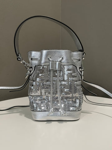 Fendi Mon Tresor Bucket Bag Silver Sequin Zucca Embroidery