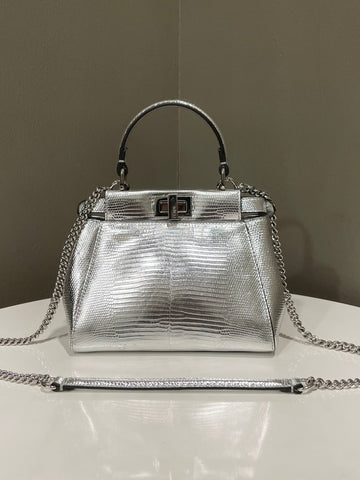 Fendi Peekaboo Mini Bag Silver Metallic Lizard