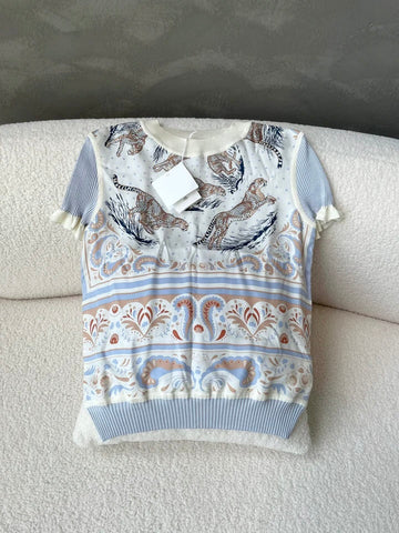 Hermes Guepards et Palmettes Short-Sleeve Twillaine Sweater Blanc Sel / Silk