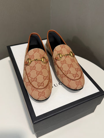 Gucci Women’s Jordaan GG Loafers Brown Canvas Size 34