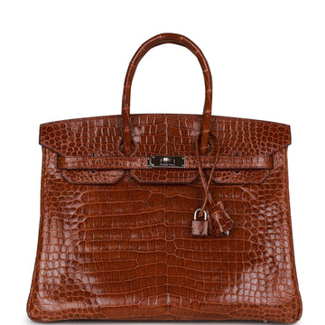 Top Quality Hermes Birkin 35 Miel Shiny Porosus Crocodile Palladium Hardware