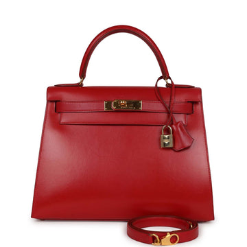 Hermes Kelly Sellier 28 Rouge Vif Box Gold Hardware