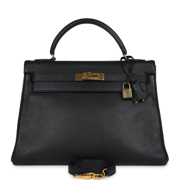 New Hermes Kelly Retourne 32 Black Ardennes Gold Hardware