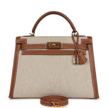 New Hermes Kelly Sellier 32 Gold Courchevel and Ecru-Beige Toile H Canvas Gold Hardware