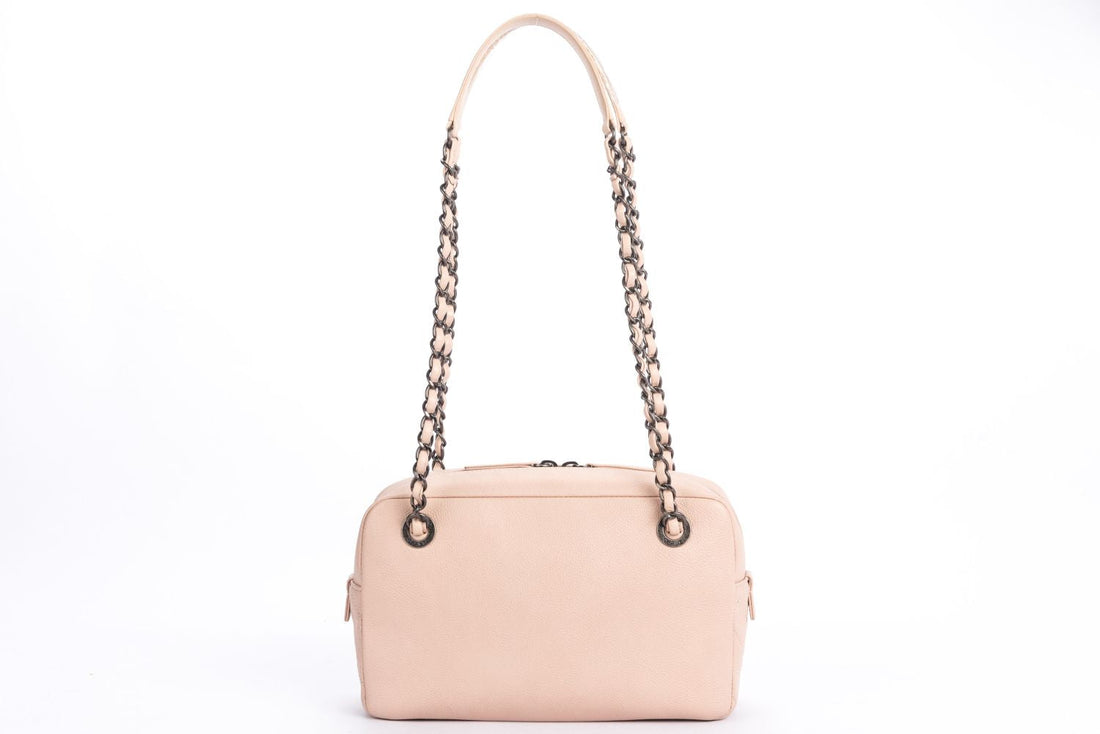 Chanel Light Beige Caviar Leather Camera Bag, Ruthenium Chain