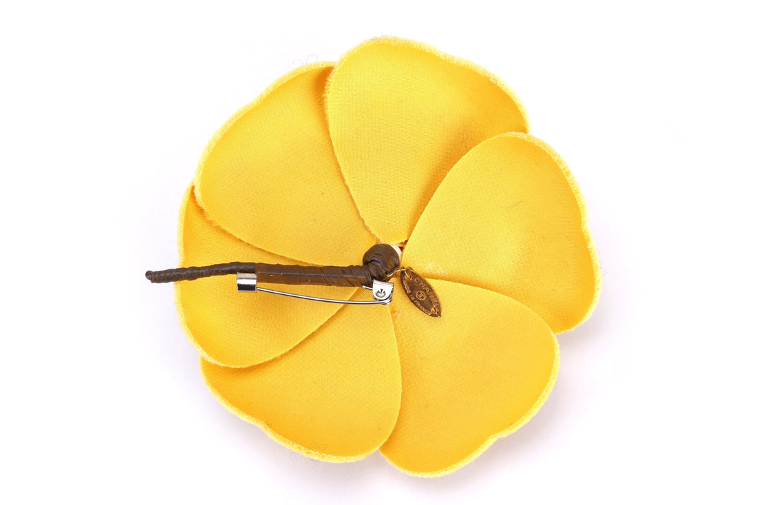 CHANEL YELLOW VELVET CAMELIA BROOCH, WITH BOX