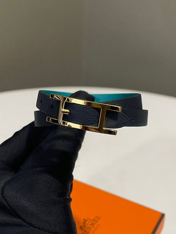 Hermes Behapi Double Tour Reversible Bracelet Marine / Green Swift