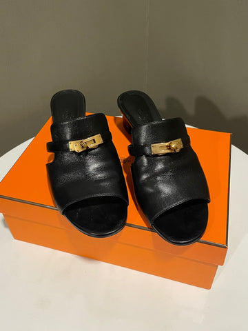 Hermes Candy Sandal Black Goatskin  Size 41