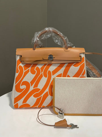 Hermes Herbag Zip 31 Naturel Sable Vache Hunter, Orange Ecru Toile Maillons & Co