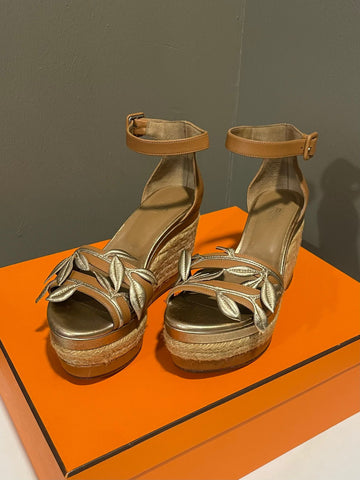 Hermes Wedge Sandals  Brown Gilded Bronze Size 36