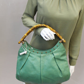 GUCCI Green Leather Bamboo Top Handle Shoulder Bag
