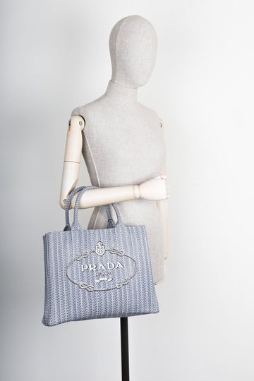 PRADA Logo Shopping Tote Ricamo Jacquard Baltico + Talc