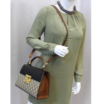 GUCCI Small Padlock GG Supreme Monogram Top Handle Crossbody Bag Beige