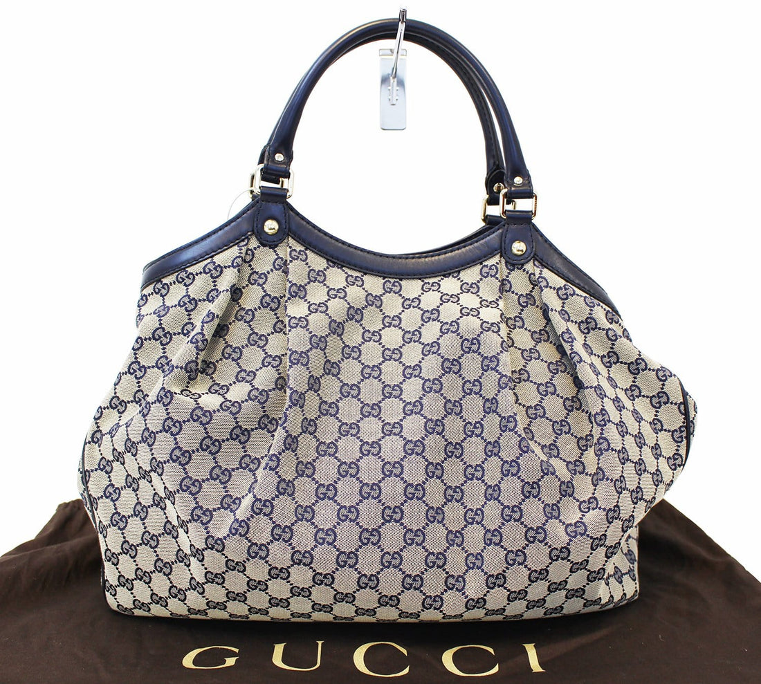 GUCCI Navy Blue/Grey GG Canvas Large Sukey Tote Bag
