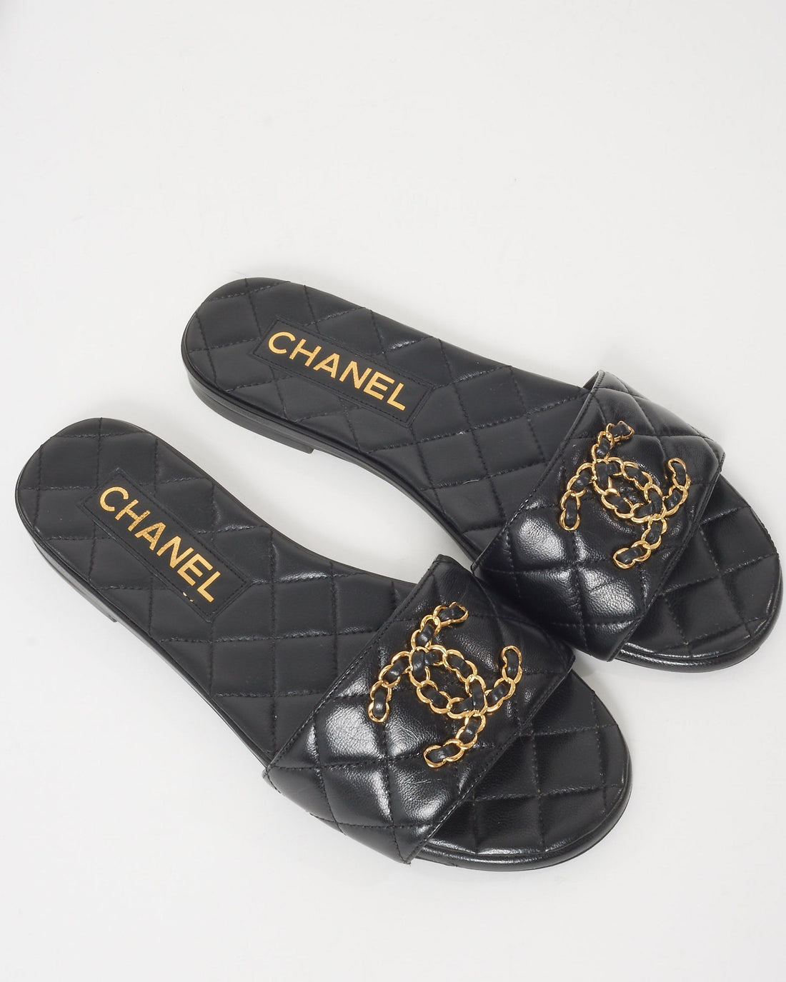 Chanel Black Quilted Leather & Chain CC 19 Logo Slides - 35