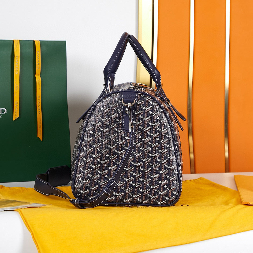 BOSTON 45 BAG IN NAVY BLUE GOYARDINE CANVAS AND CALFSKIN TRIM House Of Sarah Bags