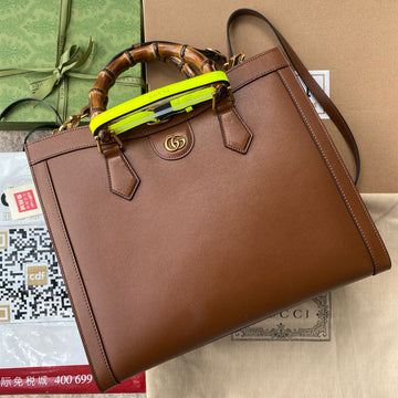 MEDIUM DIANA TOTE BAG 35 IN BROWN LACQUER CALFSKIN BAMBOO HANDLE House Of Sarah Bags